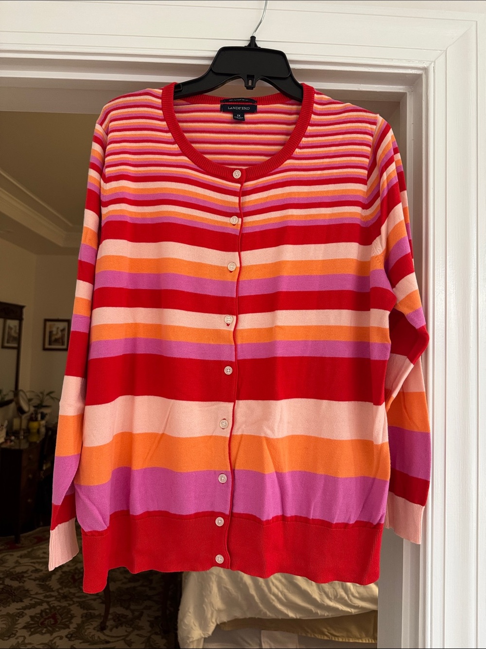 Lands' End Striped Button-Front Cardigan in Red, Pink, Orange